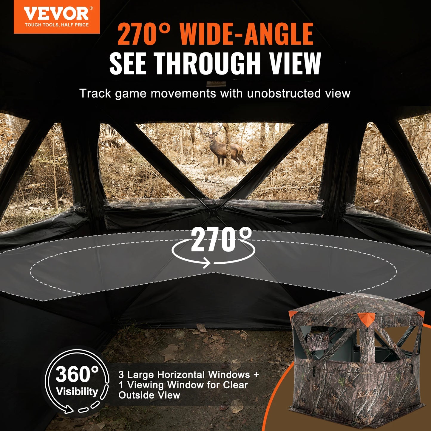 270° See Through 2-3 Person Pop Up Deer Blind for Hunting with Carrying Bag