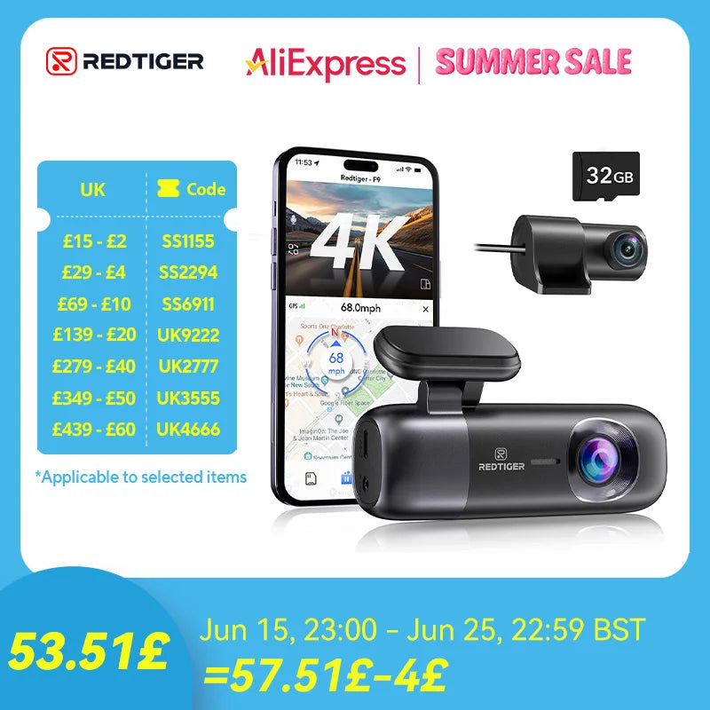 Dash Cam 4K Front and Rear WiFi GPS Car Camera