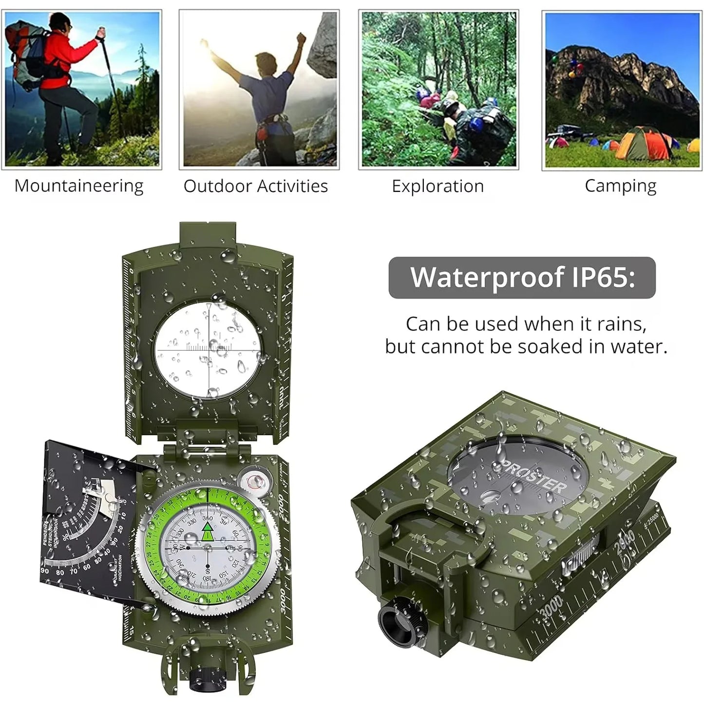 Professional Lensatic Compass Metal Waterproof IP65 Compass Sighting Clinometer with Carry Bag