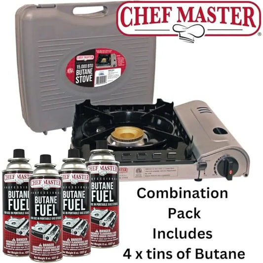 Portable Butane Camping Stove COMBO with 4 x 8oz. Butane Fuel Canister, 15,000 BTU Double Wind-Guard Portable Stove Burner