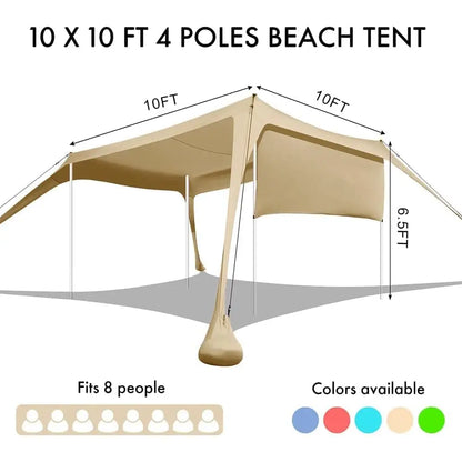 Beach Canopy Tent Shade With Sidewalls 10X10Ft, 6.6Ft Tall, Upf50+ Sun Shelter, Windproof & Water Resistant, Ludes Guylines