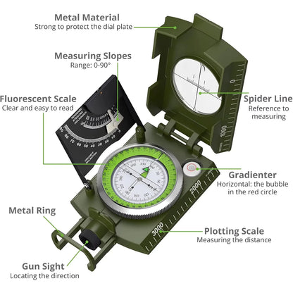 Professional Lensatic Compass Metal Waterproof IP65 Compass Sighting Clinometer with Carry Bag